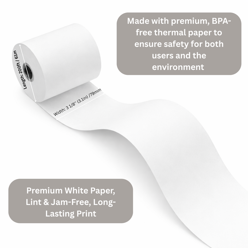 Thermal paper roll with dimensions 3 1/8" x 200' for POS printers